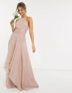 ASOS DESIGN Bridesmaid Pinny Maxi Dress With Ruched Bodice And Layered Skirt Detail, Soft Blush