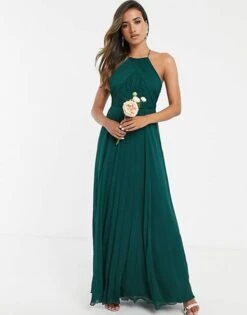 ASOS DESIGN Bridesmaid Pinny Maxi Dress With Ruched Bodice, Green