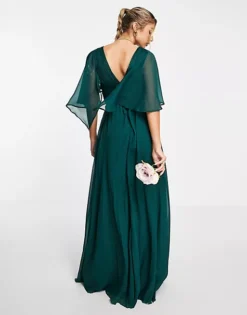 ASOS DESIGN Bridesmaid Ruched Bodice Drape Maxi Dress Flutter Cape Sleeve In Forest -EleganceWear Store asos design bridesmaid ruched bodice drape maxi dress with wrap waist and flutter cape sleeve in forest