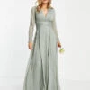 ASOS DESIGN Bridesmaid Ruched Waist Maxi Dress Long Sleeves Pleat Skirt Olive Green