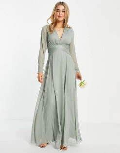 ASOS DESIGN Bridesmaid Ruched Waist Maxi Dress Long Sleeves Pleat Skirt Olive Green
