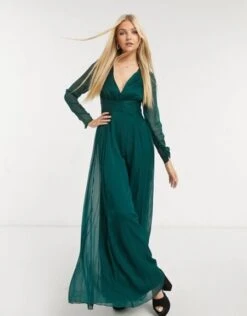 ASOS DESIGN Bridesmaid Ruched Waist Maxi Dress With Long Sleeves Pleat Skirt, Green