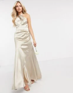ASOS DESIGN Bridesmaid Satin Halter Maxi Dress With Panelled Skirt And Keyhole Detail Oyster