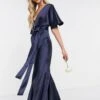 ASOS DESIGN Bridesmaid Satin Kimono Sleeve Maxi Dress Panelled Skirt Belt Navy