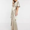 ASOS DESIGN Bridesmaid Satin Kimono Sleeve Maxi Dress With Panelled Skirt And Belt In Oyster