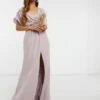 ASOS DESIGN Bridesmaid Short Sleeved Cowl Front Maxi Dress With Button Back Detail, Grey
