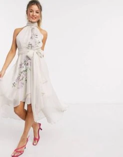 ASOS DESIGN Embroidered Pleated Halter Dress Layered Skirt, Cream/Multi