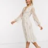 ASOS DESIGN Midi Dress With Blouson Sleeve Delicate Floral Embellishment, Taupe