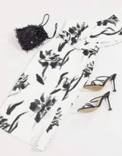 ASOS DESIGN One Shoulder Belted Midi Pencil Dress In Floral Print, Black/White