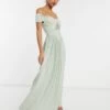 ASOS DESIGN Premium Fuller Bust Lace And Pleat Bardot Maxi Dress In Sage Green