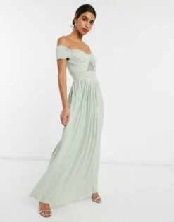 ASOS DESIGN Premium Fuller Bust Lace And Pleat Bardot Maxi Dress In Sage Green