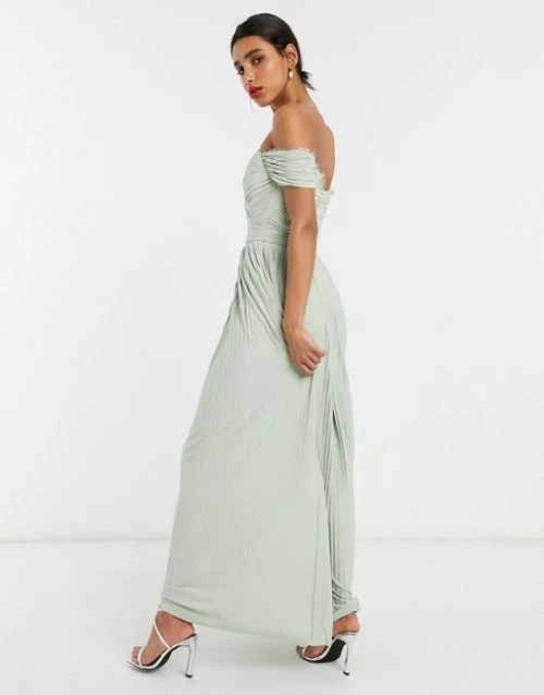 ASOS DESIGN Premium Fuller Bust Lace And Pleat Bardot Maxi Dress In Sage Green 2 ASOS DESIGN Premium Fuller Bust Lace And Pleat Bardot Maxi Dress In Sage Green - Image 2