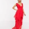 ASOS DESIGN Soft Layered Maxi Dress With Tie Waist Detail, Fire Red