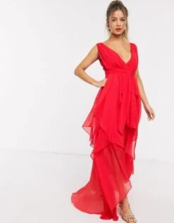 ASOS DESIGN Soft Layered Maxi Dress With Tie Waist Detail, Fire Red