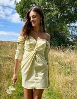 ASOS DESIGN Structured Off Shoulder Twist Detail Mini Dress With Button Detail, Yellow