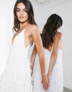 ASOS EDITION Afira Plunge Wedding Dress With Feather Effect Skirt, White