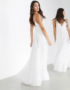 ASOS EDITION Afira Plunge Wedding Dress With Feather Effect Skirt, White -EleganceWear Store asos edition afira plunge wedding dress with feather effect skirt white2 e1595231189961