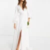 ASOS EDITION Alyssa Satin Wedding Dress With Blouson Sleeve And Button Front, Ivory