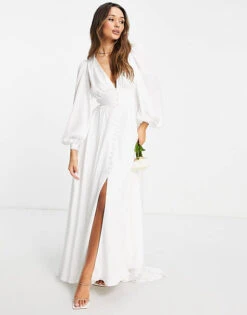 ASOS EDITION Alyssa Satin Wedding Dress With Blouson Sleeve And Button Front, Ivory