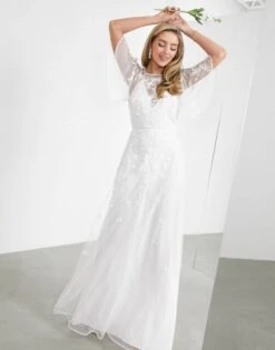 ASOS EDITION Annie Floral Embroidered Flutter Sleeve Wedding Dress, Ivory