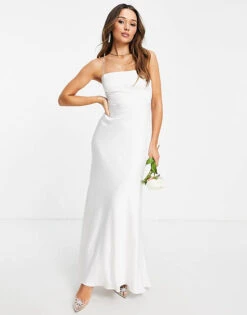 ASOS EDITION Astrid Satin Square Neck Wedding Dress With Tie Back, Ivory
