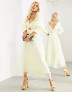 ASOS EDITION Blouson Sleeve Midi Dress In Organza Check, Pale Lemon