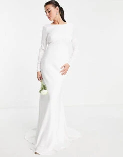 ASOS EDITION Camilla Satin Long Sleeve Wedding Dress With Seam Details, Ivory