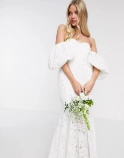 ASOS EDITION Chelsea Off Shoulder Lace Wedding Dress, White
