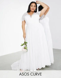 ASOS EDITION Curve Sophia Plunge Lace Wedding Dress With Pleated Skirt, Ivory