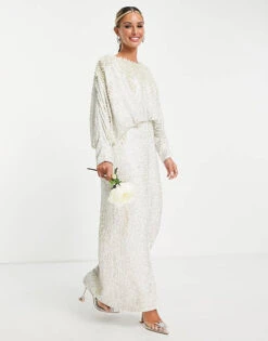 ASOS EDITION Embellished Pearl Batwing Sleeve Maxi Bridal Dress, Ivory