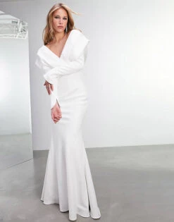 ASOS EDITION Everly Bardot Long Sleeve Crepe Wedding Dress, Ivory
