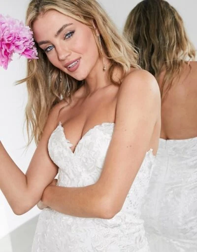 ASOS EDITION Freya Embroidered Wedding Dress With Mesh Fishtail, Ivory 2 ASOS EDITION Freya Embroidered Wedding Dress With Mesh Fishtail, Ivory - Image 2