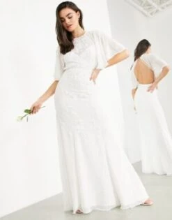 ASOS EDITION Gabriella Vintage Embellished Wedding Dress With Flutter Sleeve, Ivory
