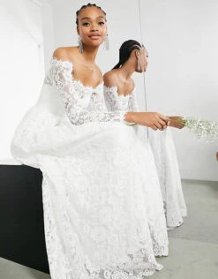 ASOS EDITION Hazel Lace Long Sleeve Off Shoulder Wedding Dress, Ivory