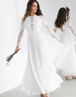 ASOS EDITION Iris Long Sleeve Lace Bodice Maxi Wedding Dress With Pleated Skirt, Ivory