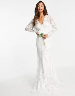 ASOS EDITION Ivy Plunge Wedding Dress Long Sleeve In Floral Embellishment, Ivory