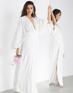 ASOS EDITION Luna Embroidered Satin Kimono Wedding Dress, Ivory