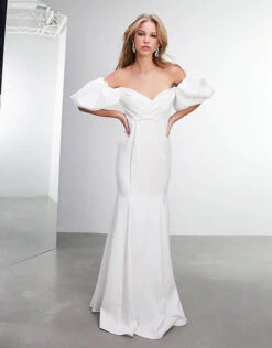 ASOS EDITION Maisie Off Shoulder Puff Sleeve Crepe Wedding Dress, Ivory