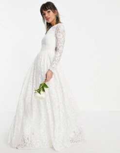 ASOS EDITION Odette Lace Long Sleeve Wedding Dress With Open Back, Ivory