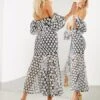 ASOS EDITION Off Shoulder Dress In Embroidered Daisy, Black/White