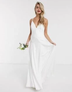 ASOS EDITION Paige Satin Plunge Wedding Dress With Cross Back, White