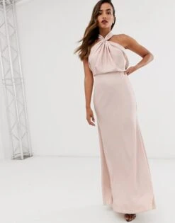 ASOS EDITION Ruched Halter Neck Maxi Bridesmaid Dress, Blush/Pink