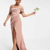ASOS EDITION Satin Bardot Drape Wrap Maxi Dress In Cinnamon Rose