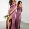 ASOS EDITION Satin Bardot Drape Wrap Maxi Dress Orchid/purple
