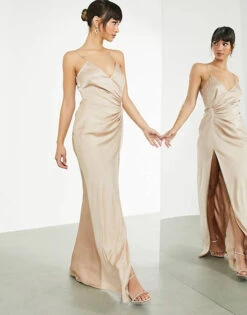 ASOS EDITION Satin Cami Maxi Dress With Drape Detail In Caramel