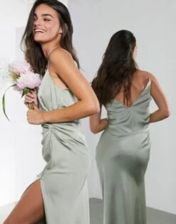 ASOS EDITION Satin Cami Maxi Dress With Drape Detail In Sage Green
