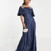 ASOS EDITION Satin Flutter Sleeve Maxi Dress With Strap Details In Petrol Blue