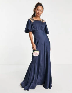 ASOS EDITION Satin Flutter Sleeve Maxi Dress With Strap Details In Petrol Blue