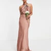 ASOS EDITION Satin Ruched Halter Neck Maxi Dress In Cinnamon Rose