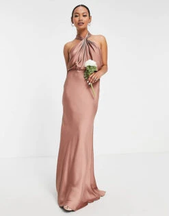 ASOS EDITION Satin Ruched Halter Neck Maxi Dress In Cinnamon Rose
